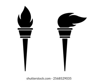 Lighted torch icon, black silhouette isolated on white. A burning torch with flames fluttering in the wind, minimalist stencil shape. Vector clipart sign or logo, symbol of world sport games.