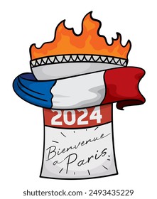 Lighted torch on French tricolor flag and 2024 loose-leaf calendar with welcome to Paris message (written in French).