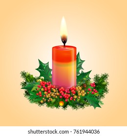 Lighted wax candle surrounded with holly plant and small fir branches isolated cartoon vector illustration on beige background. Christmas festive atmosphere composition.