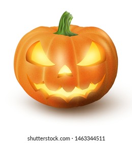 Lighten Jack O Lantern glowing halloween realistic smile face pumpkin with candle light inside. isolated on white background. Scary expression. EPS 10