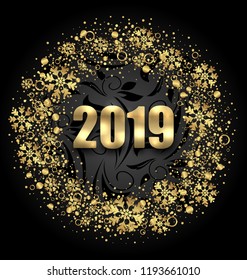 Lighten Round Frame with Golden Snowflakes on Black Background for Happy New Year 2019 - Illustration Vector