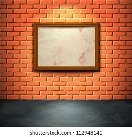 Lightened brick wall with aged empty frame