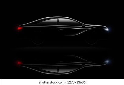 Lightened luxury sedan car in darkness  with headlamps and rear lights lit realistic image reflection vector illustration