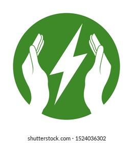 Lightening bolt in hands icon. Saving energy or electricity concept. Flat style Icon in a circle. 