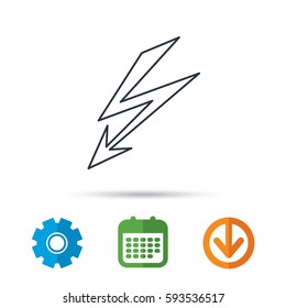 Lightening bolt icon. Power supply sign. Electricity symbol. Calendar, cogwheel and download arrow signs. Colored flat web icons. Vector