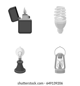 Lighter, economical light bulb, edison lamp, kerosene lamp.Light source set collection icons in monochrome style vector symbol stock illustration web.