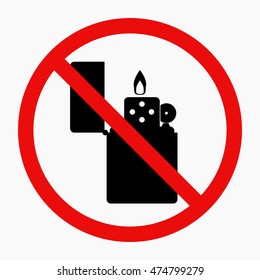 Lighter with fire is banned. Flaming is forbidden. Flat vector stock illustration.