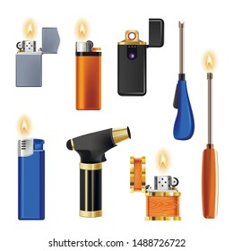 Lighter, fire or flame light, burn cigarette, flammable smoking item isolated objects vector. Electric or gas device, oil burner, pocket tool. Smoker accessory or hiking equipment for bonfire