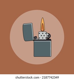 Lighter with fire on icon vector illustration, brown background, flat stock illustration, used for design.