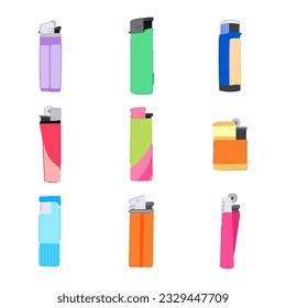 lighter fire set cartoon. flame object, light plastic, tool smoke lighter fire sign. isolated symbol vector illustration