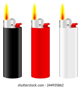 Lighter with fire set on white background.