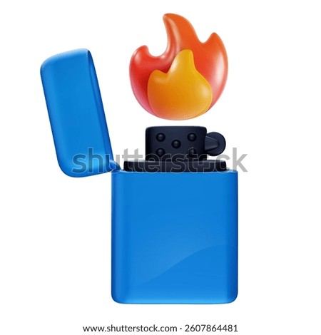 Lighter with flame in cute cartoon 3d style. Realistic stylised blue glossy device. Modern vector illustration.