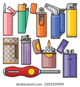 Lighter of flame vector color set icon. Isolated color set icon equipment for ignite. Vector illustration lighter of flame on white background .