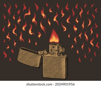 Lighter and  flames. Design set. Editable hand drawn illustration. Vector engraving. Isolated on dark background. 8 EPS