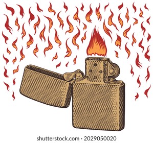 Lighter and flames. Design set. Editable hand drawn illustration. Vector engraving. Isolated on white background. 8 EPS