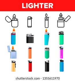 Lighter Icon Set Vector. Gas Tool. Tobacco Lighter Icons. Burning Object. Plastic Accessory. Line, Flat Illustration