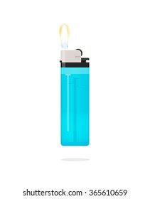 Lighter icon vector illustration, lighter with fire flame, hand lighter flaming, blue pocket burning lighter, flat realistic modern design isolated on white background