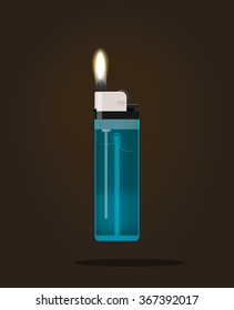 Lighter icon vector illustration, lighter with fire flame, hand lighter flaming, blue pocket burning lighter, flat realistic modern design isolated on black dark background