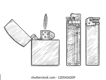 Lighter illustration, drawing, engraving, ink, line art, vector