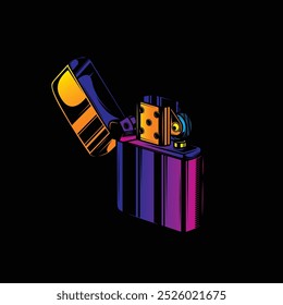 Lighter with the lid open. Original vector illustration in vintage style. Hand drawn, not AI