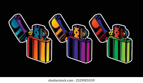 Encendedor con la tapa abierta. Ilustración vectorial original en estilo vintage. Dibujado a mano, no AI
