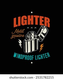 Lighter with the lid open. Retro poster. Original vector illustration in vintage style. T-shirt design. Hand drawn, not AI