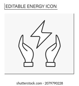  Lighter line icon. Hands cover and save energy. Electricity concept. Isolated vector illustration. Editable stroke. Vector illustration