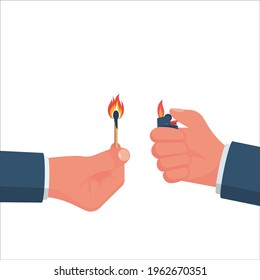 Lighter and matches in hand. Vector illustration flat design. Isolated on background.