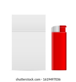 Lighter and pack of cigarettes on a white background.