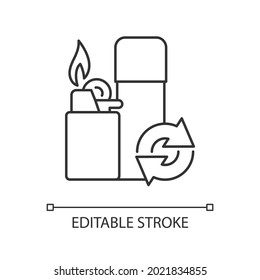 Lighter refill linear icon. Propane and gas filling. Domestic lighting tool. Reusable products. Thin line customizable illustration. Contour symbol. Vector isolated outline drawing. Editable stroke