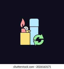 Lighter refill RGB color icon for dark theme. Gas filling. Domestic lighting tool. Reusable products. Isolated vector illustration on night mode background. Simple filled line drawing on black