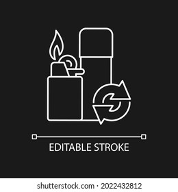 Lighter refill white linear icon for dark theme. Propane and gas filling. Domestic lighting tool. Thin line customizable illustration. Isolated vector contour symbol for night mode. Editable stroke