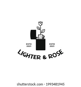 Lighter and Rose combination retro vintage logo icon sign symbol design concept. Vector illustration