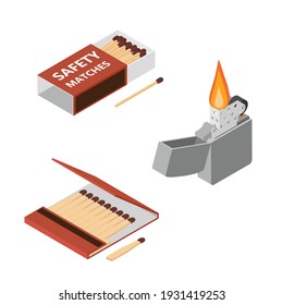 Lighter, safety matches and flat plain promo matches. Box of matches isolated on white background. Isometric view. Vector