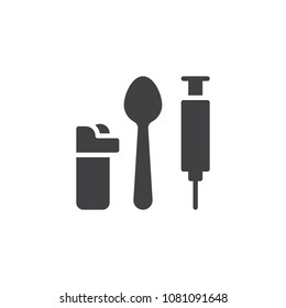 Lighter, spoon and syringe vector icon. filled flat sign for mobile concept and web design. Drug addiction simple solid icon. Symbol, logo illustration. Pixel perfect vector graphics