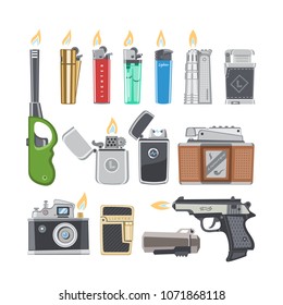 Lighter vector cigarette-lighter with fire or flame light to burn cigarette illustration set of flammable smoking equipment isolated on white background
