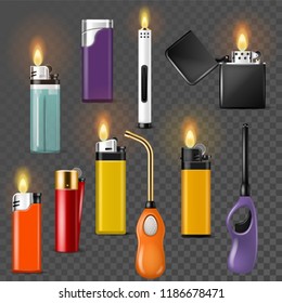 Lighter vector cigarette-lighter with fire or flame light to burn cigarette illustration set of flammable smoking equipment isolated on transparent background