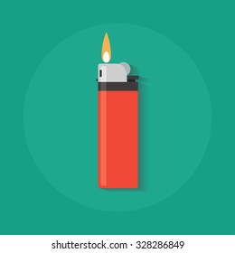 Lighter vector icon in flat style. Manual, gas lighter with a burning flame in flat style. 