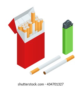 Lighters, cigarettes pack, cigarette isolated. Flat 3d vector isometric illustration