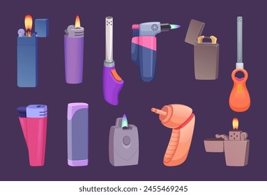 Lighters. Device for smokers making flame portable items exact vector lighters set illustrations in cartoon style