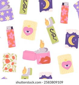 Lighters seamless pattern. Plastic metal lighter with stylish decorative prints. Smoker accessories, fabric wallpaper wrapping template, racy vector background