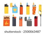 lighters set. cartoon flat burning accessory, smoking fire and light plastic equipment, fuel gasoline flaming heat lighters collection. vector cartoon objects set.