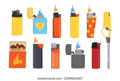 lighters set. cartoon flat burning accessory, smoking fire and light plastic equipment, fuel gasoline flaming heat lighters collection. vector cartoon objects set.