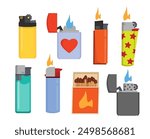 lighters set. fuel gasoline flaming heat lighters collection, cartoon flat burning accessory, smoking fire and light plastic equipment. vector cartoon objects set.