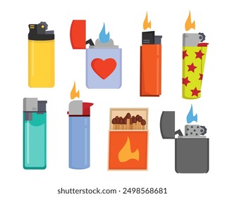 lighters set. fuel gasoline flaming heat lighters collection, cartoon flat burning accessory, smoking fire and light plastic equipment. vector cartoon objects set.