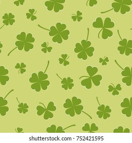 Light-green seamless pattern with green clovers. Vector illustration. EPS 10. Green clovers in simple cartoon style.