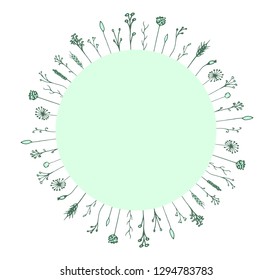 Light-green vector wreath illustration with herbs in doodle style. Hand-drawn botanical frame on white background. Greeting card and invitation template design