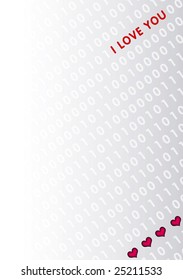 lightgrey gradient background with lightgrey diagonal binary code and the lettering "I love you" and three red hearts in the bottom