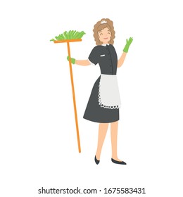 Light-haired housemaid in green rubber gloves posing with a mop. Vector illustration in flat cartoon style.