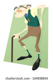 Lighthearted elderly man with a walking stick